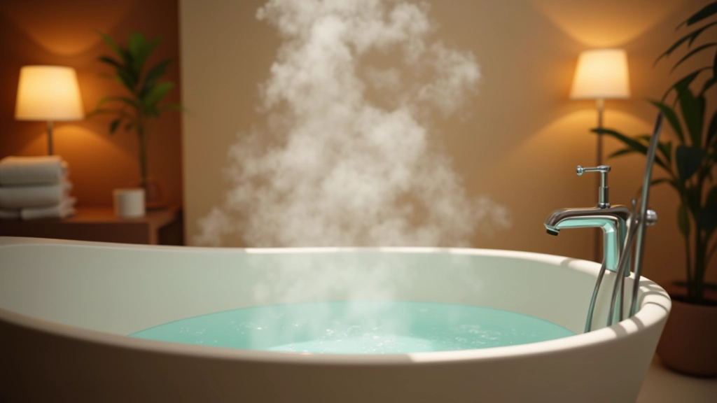 Bathroom with warm bath water and steam, soft lighting, relaxing evening environment