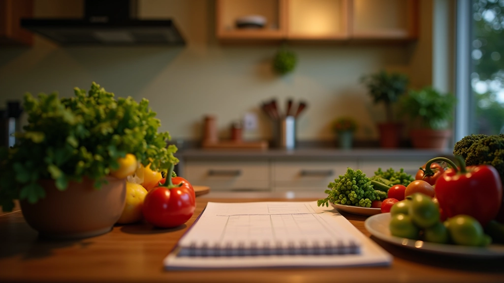 Sunday evening planning scene, calendar open, meal prep ingredients on kitchen counter, organized workspace