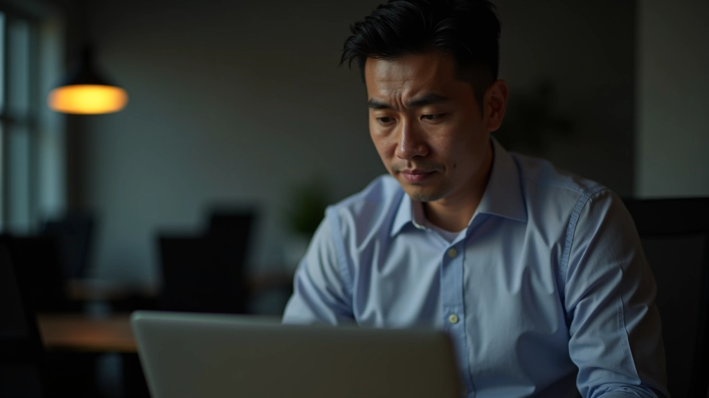 Professional working late in evening office, exhausted expression, dim lighting, cluttered desk with coffee cups