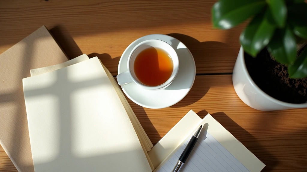 Selection of evening activities laid out - book, tea, journal, plant - alternatives to screen time