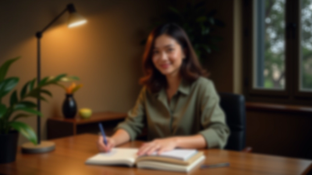 Person writing in notebook at home desk on Friday evening, warm lighting, cup of tea nearby