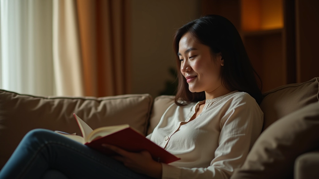 Person relaxing in evening with book and tea, phone turned off on table, peaceful home setting