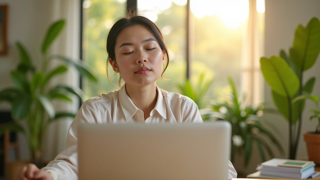 Person sitting peacefully at desk with plant and coffee, serene workspace with natural light