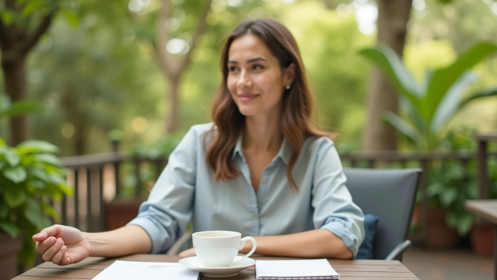 Person sitting outdoors on weekend morning, calm expression, notebook and coffee visible, nature background