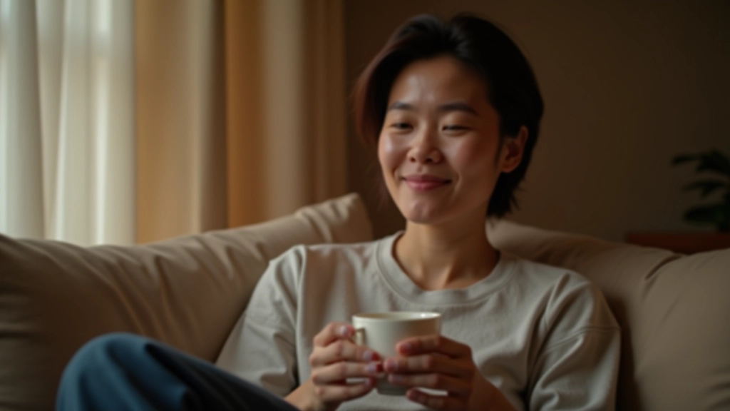 Person relaxing at home in evening, peaceful setting with tea or beverage, personal time and recovery