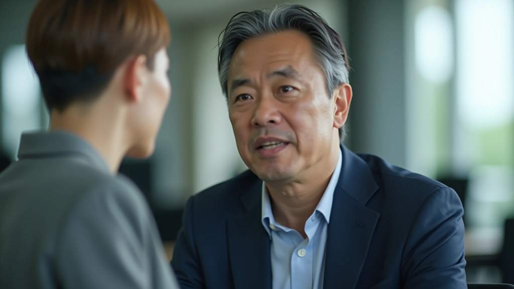 Person having calm conversation with colleague in office setting, body language showing confidence and clear communication