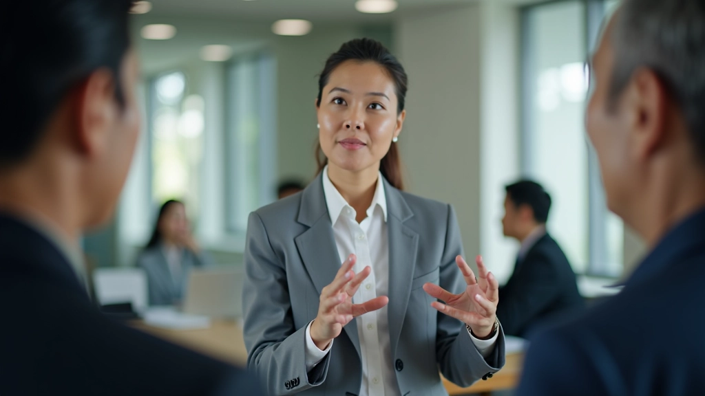 Person saying no politely in conversation, office meeting setting with calm body language