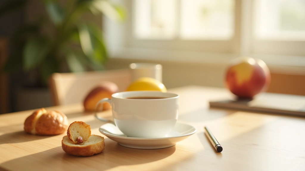 Morning coffee on wooden table by window, fresh fruit, journal and pen, peaceful home setting