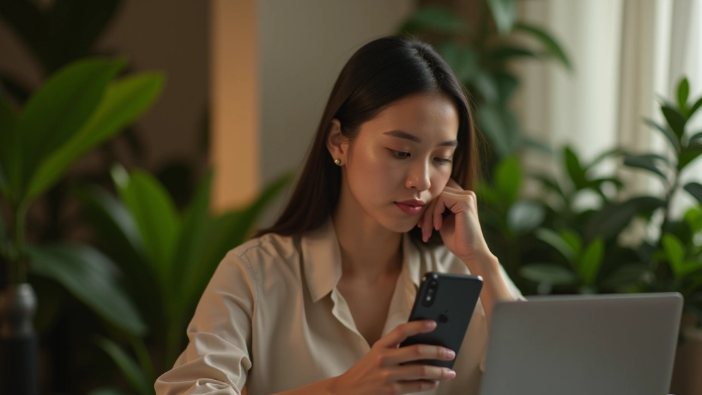 Person at desk with phone turned off, peaceful evening setting with cup of tea
