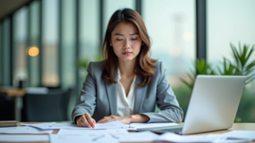 Woman at desk looking overwhelmed by multiple projects and messages, papers and computer screens showing task overload