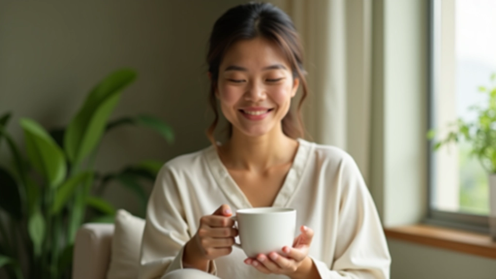 Woman relaxing on weekend morning with herbal tea, peaceful home environment, natural lighting