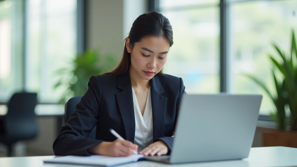 Professional woman in office during work hours, focused and productive at her desk