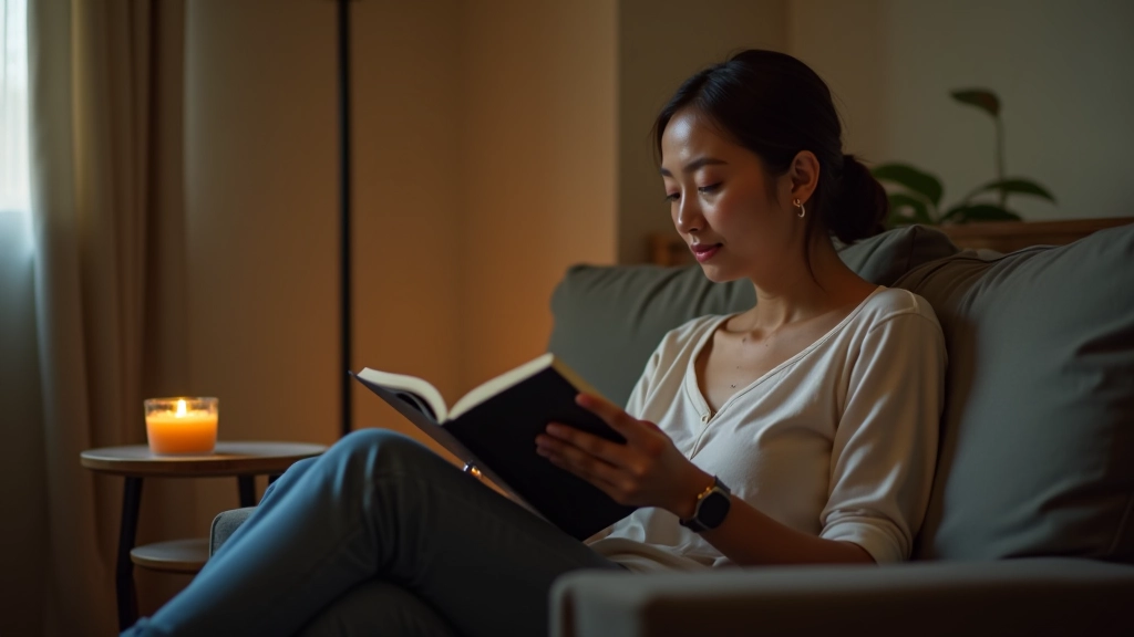 Person relaxing on couch in evening without phone, book and tea nearby, peaceful indoor setting